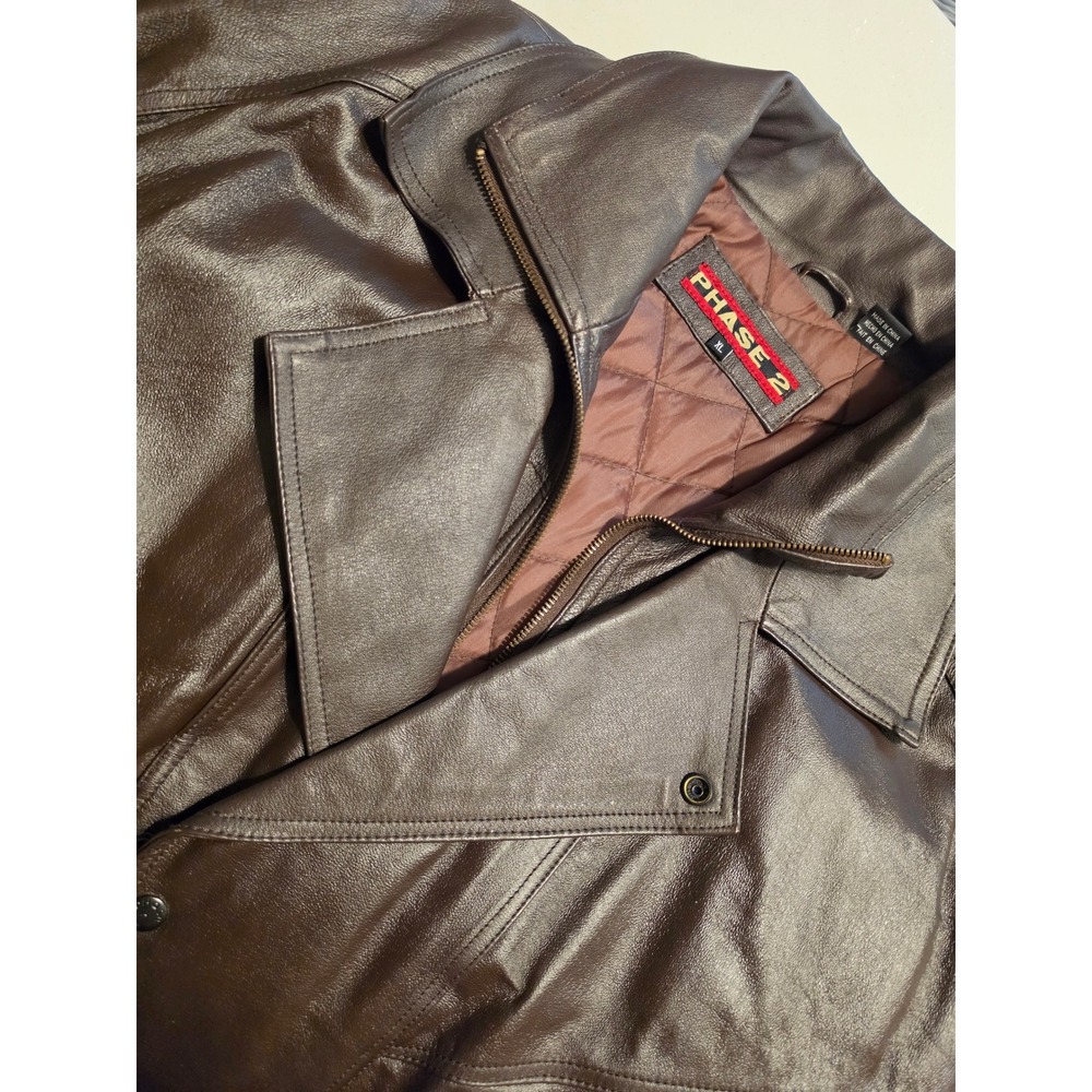 Phase 2 Bomber Jacket Mens XL Brown Leather Quilted Lined Vintage Classic Zip Up